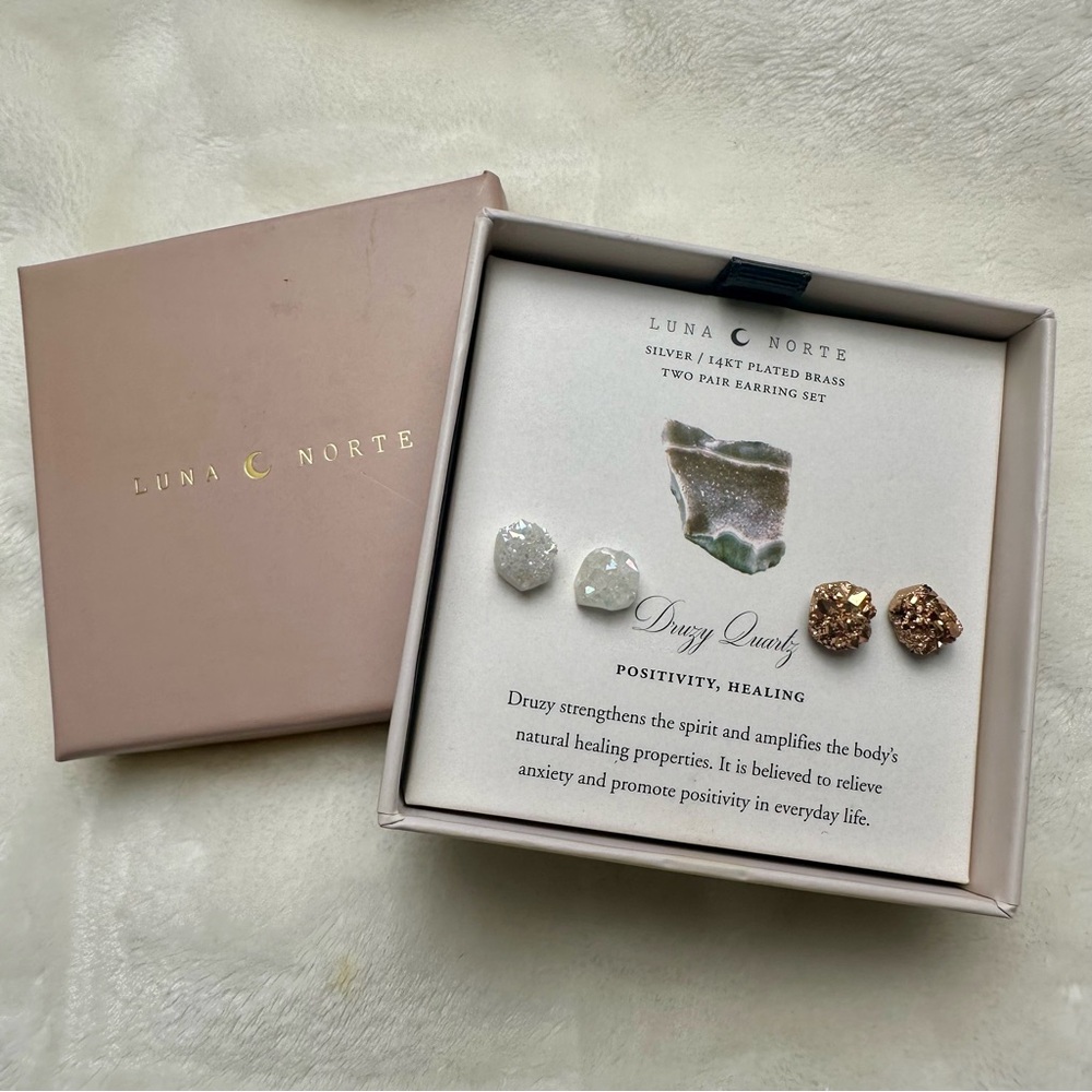 Luna Norte Druzy Quartz Stud Earrings 2 Pair Set Silver/14kt Plated‎ Brass NIB